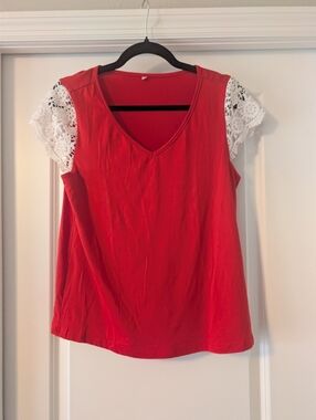 Red V-Neck Top with White Lace Sleeves - Women